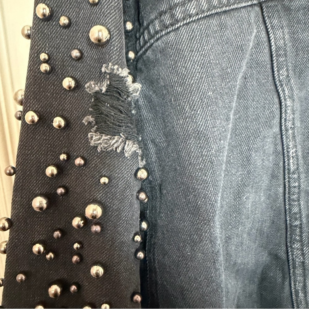 Black Studded Denim Bomber Jacket - Women - Picture 8 of 8